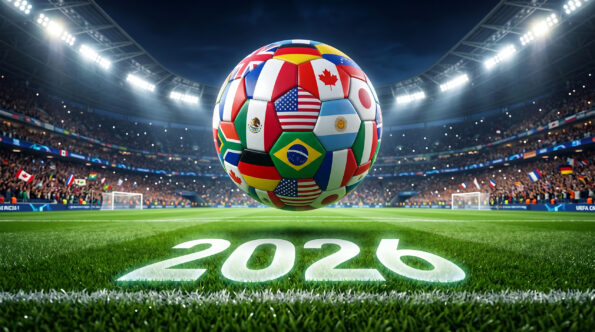 2026 world cup soccer ball with international flags in stadium