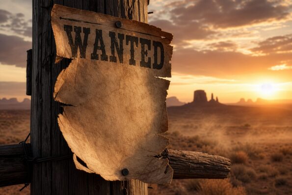 Vintage Torn Wanted Poster on Weathered Wooden Post in Epic Golden Hour Desert Sunset with Monument Valley Buttes, Wild West Atmosphere